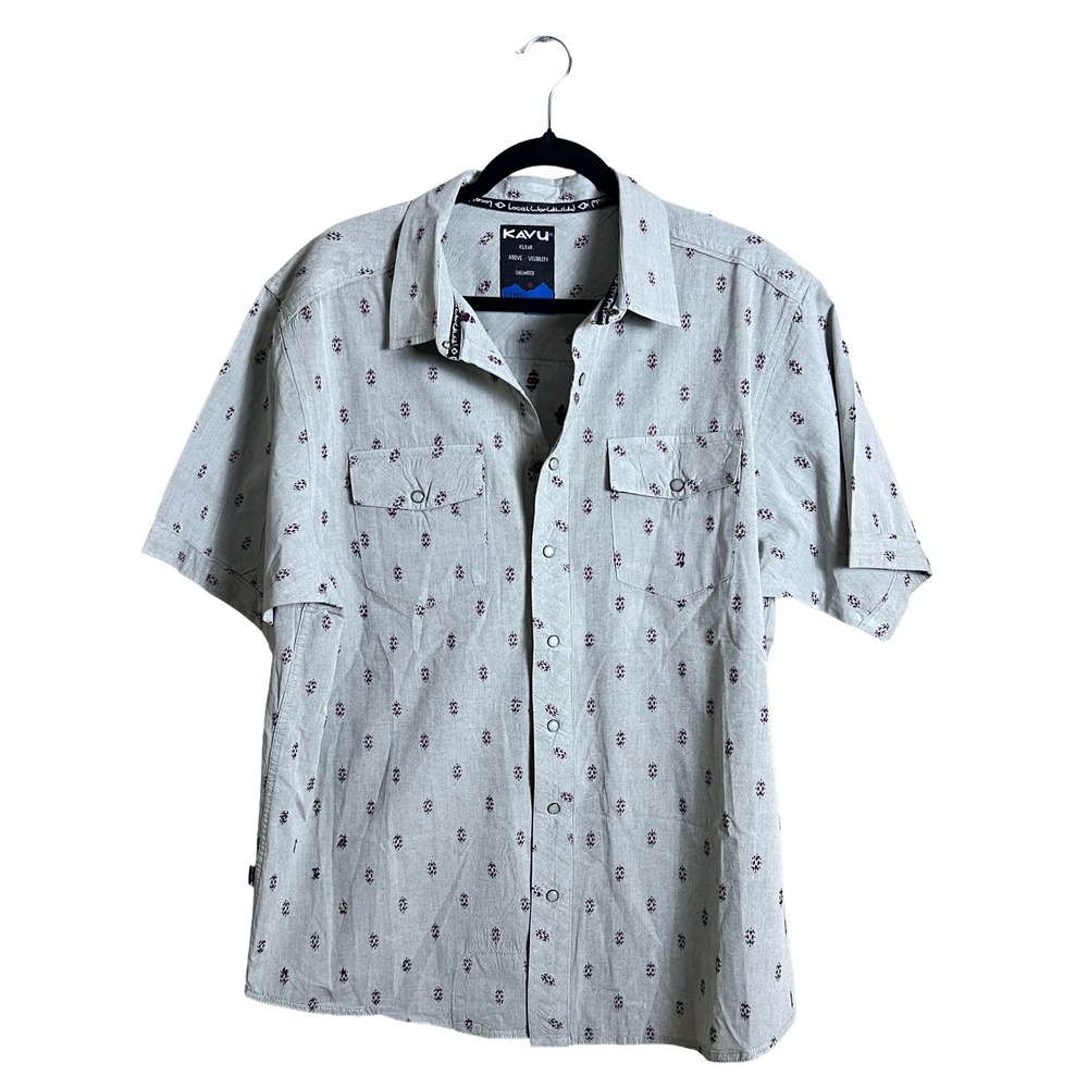 Kavu Geometric Pattern Snap Button Shirt Grey Gorpcore Outdoor XL